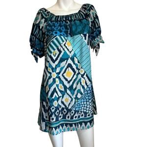 Miele by Carlos Miele Blue Green Geometric Pattern Tunic Mini Dress sz 2